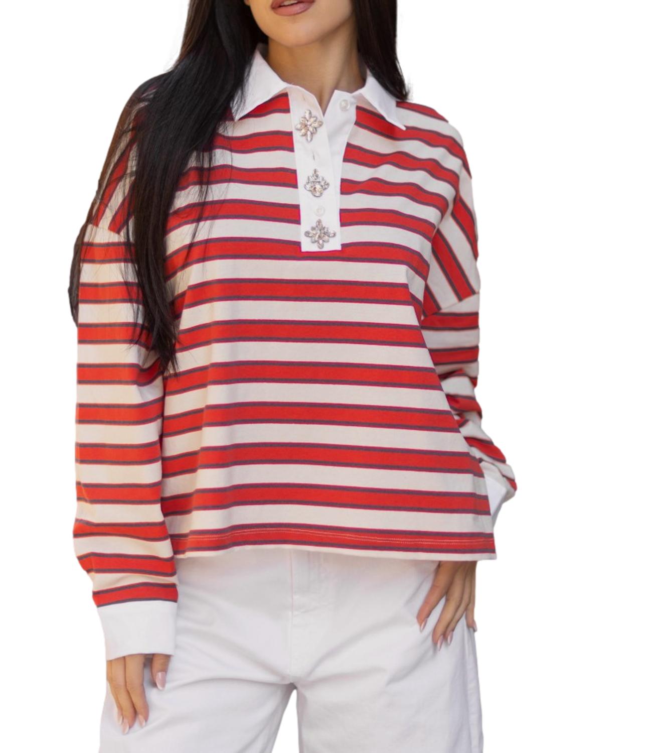 Vicolo t-shirt polo manica lunga rosso/panna donna